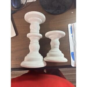 Vintage Cream Ceramic Candle Holders Pedestal/Pillar w/ White Paint.
